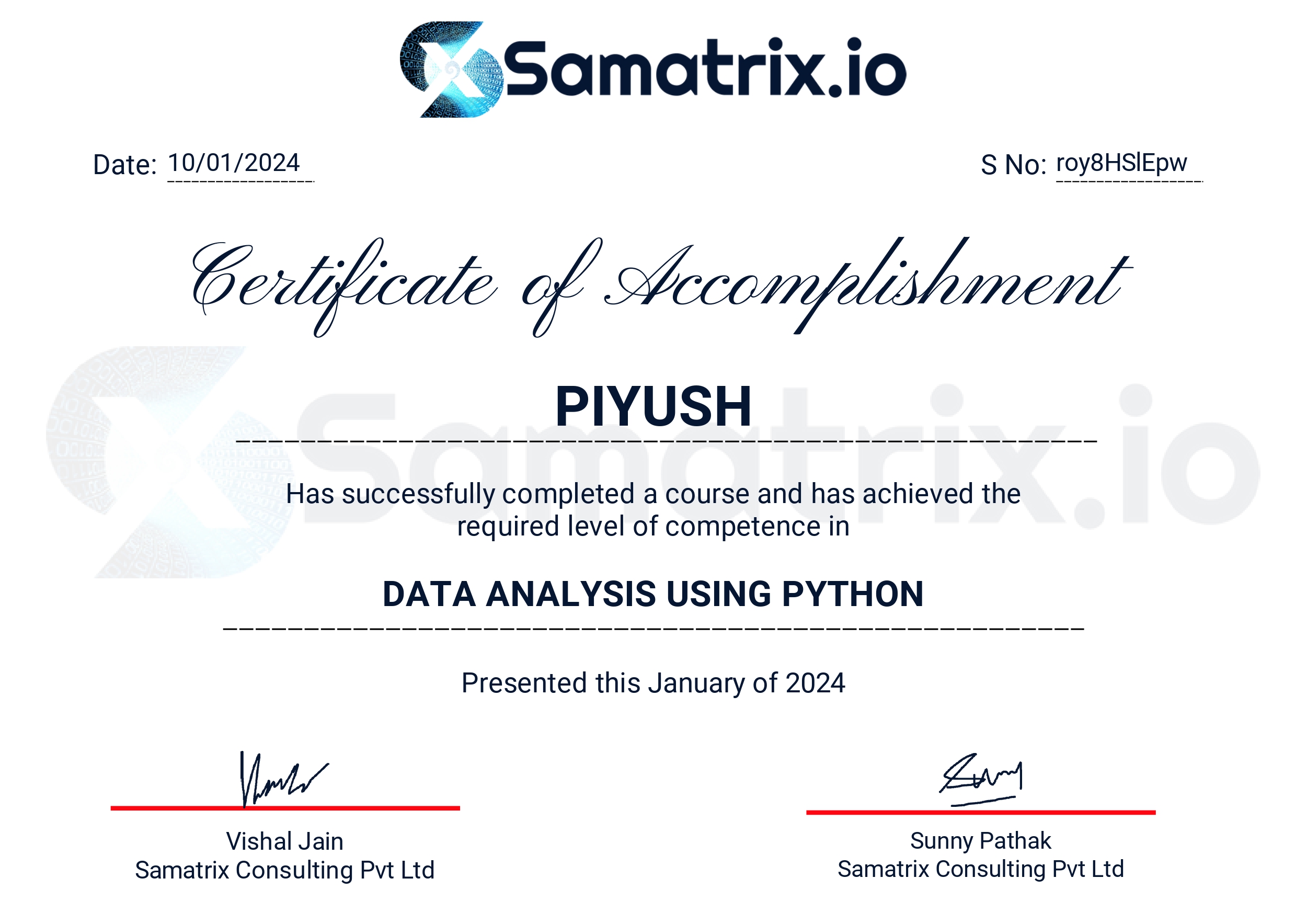 Data Analysis using Python Certificate